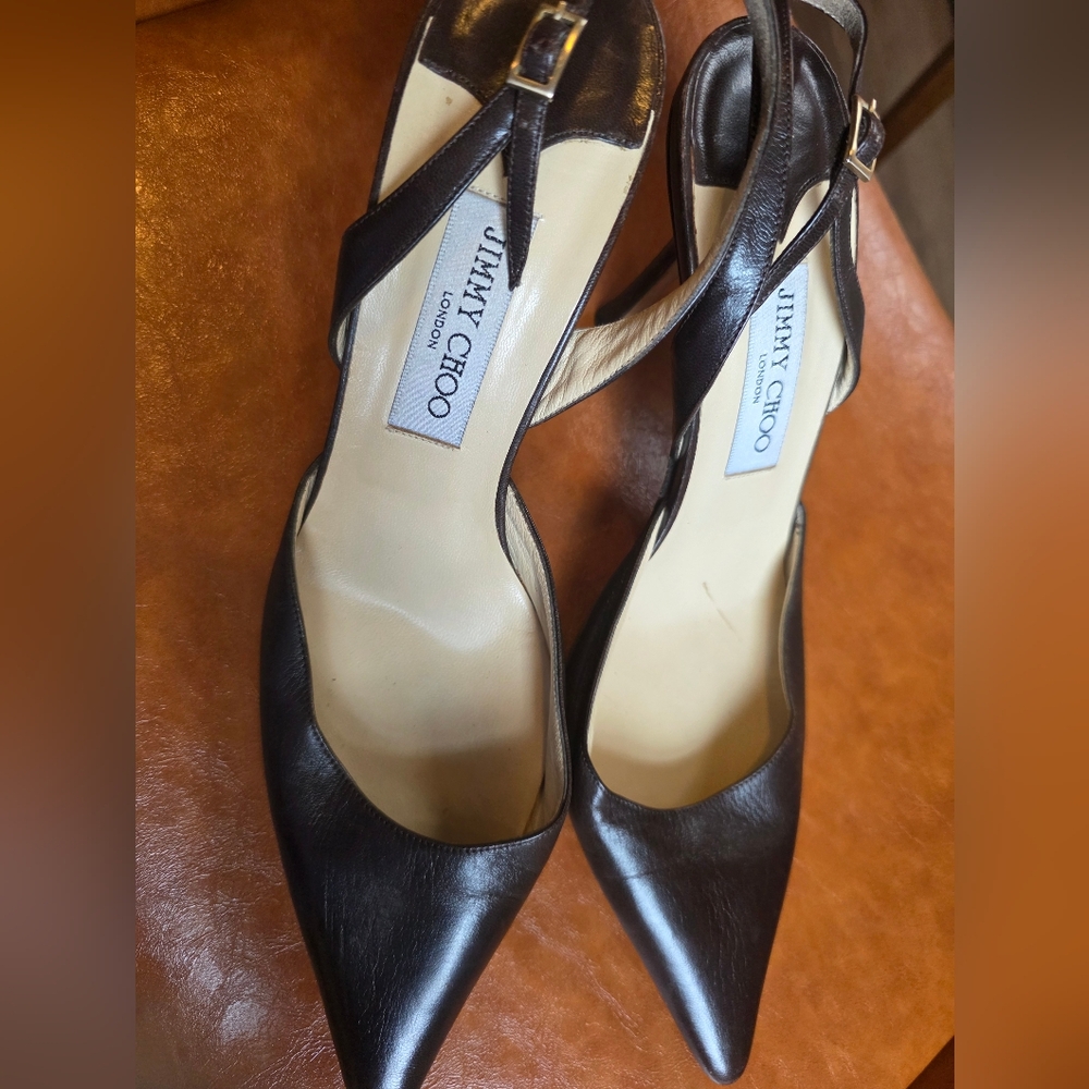 Jimmy Choo vintage Syria  leather slingback heels chocolate dark brown. Sz 42